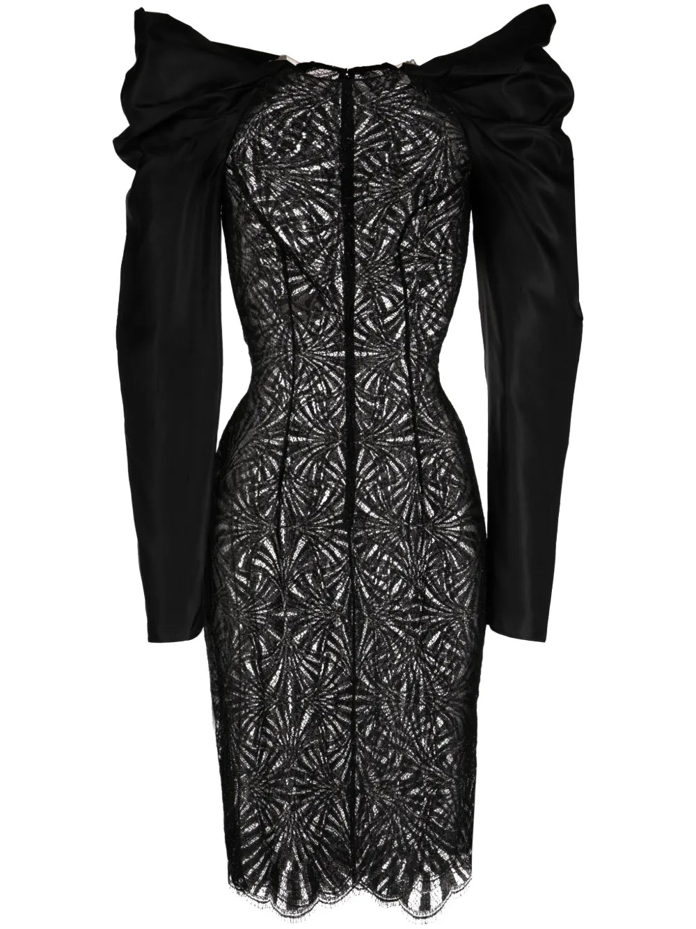 Lace-Panel Shantung Midi Dress