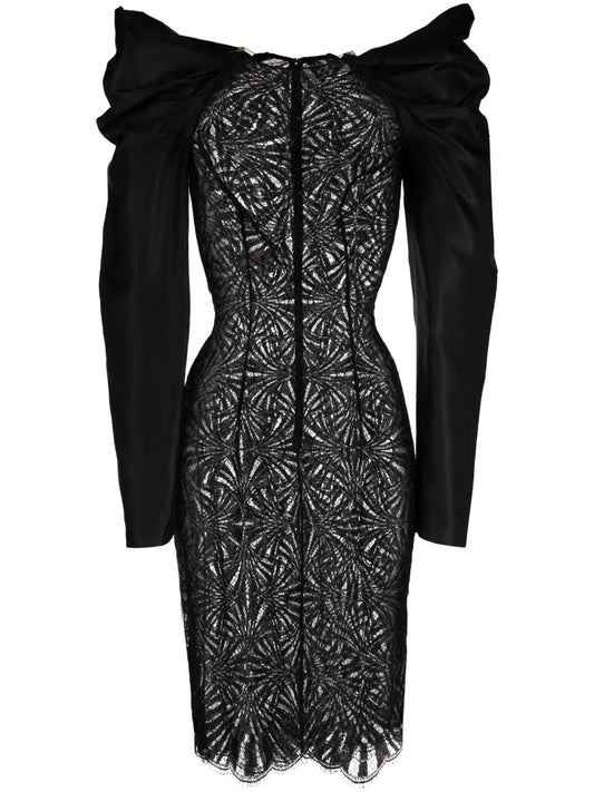Lace-Panel Shantung Midi Dress