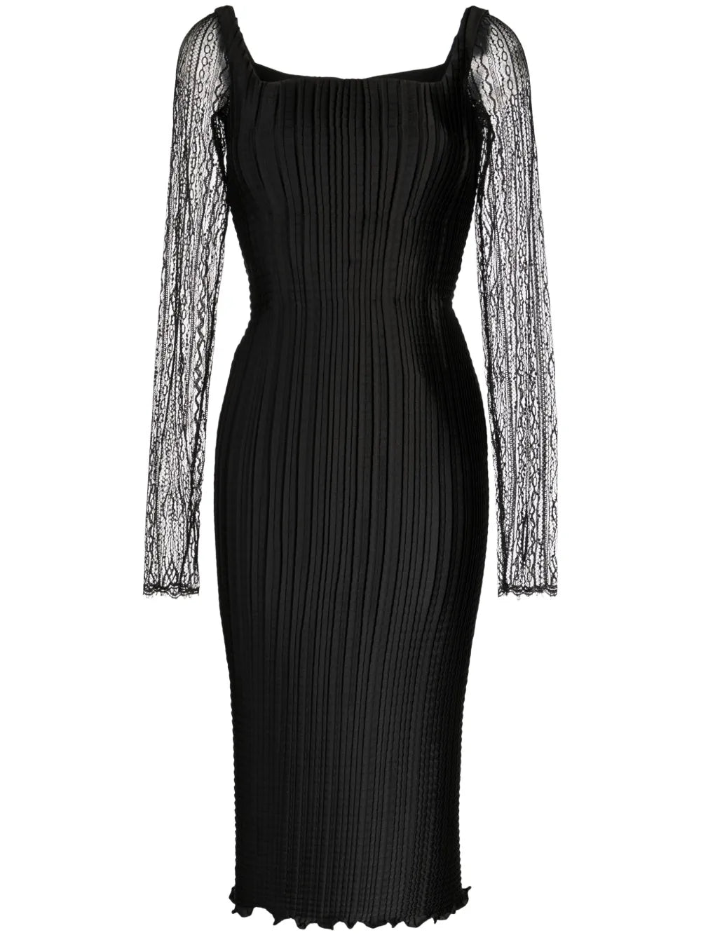 Lace-Sleeved Plissé Midi Dress
