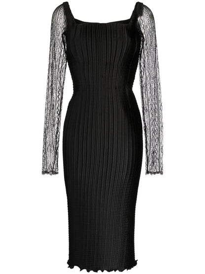Lace-Sleeved Plissé Midi Dress