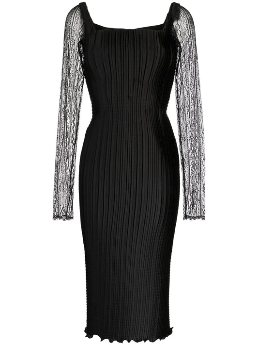 Lace-Sleeved Plissé Midi Dress