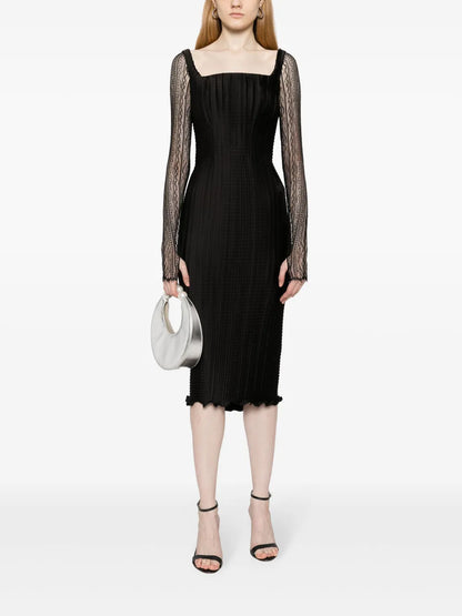 Lace-Sleeved Plissé Midi Dress