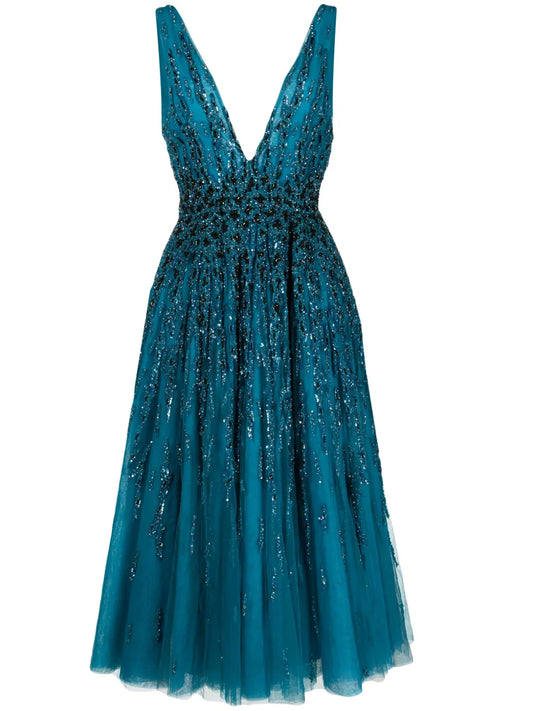 Sequin-Embellished Tulle-Overlay Flared Dress