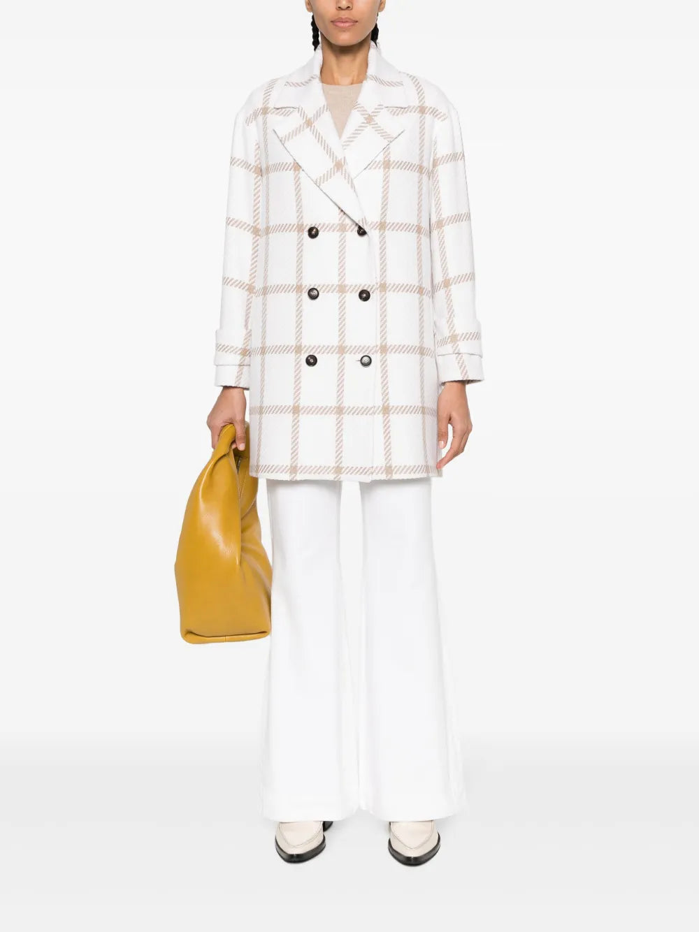 Check-Pattern Cashmere Double-Breasted Coat