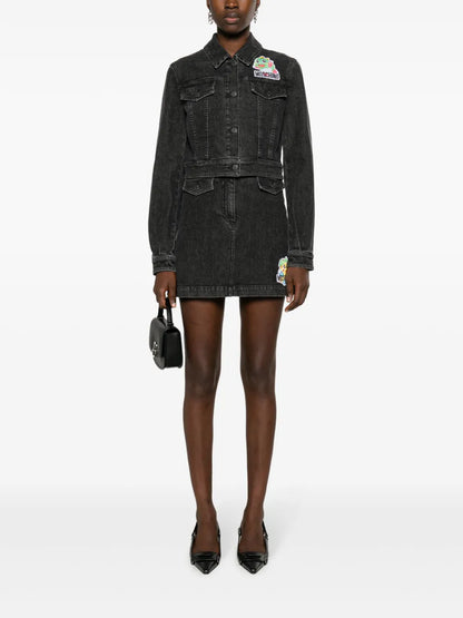 Cartoon-Embroidered A-Line Denim Skirt