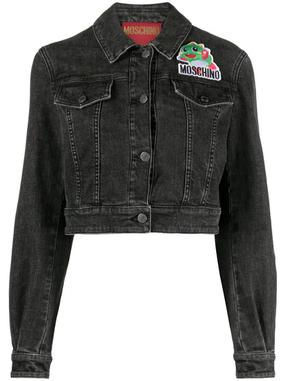 Cartoon-Appliqué Cropped Denim Jacket
