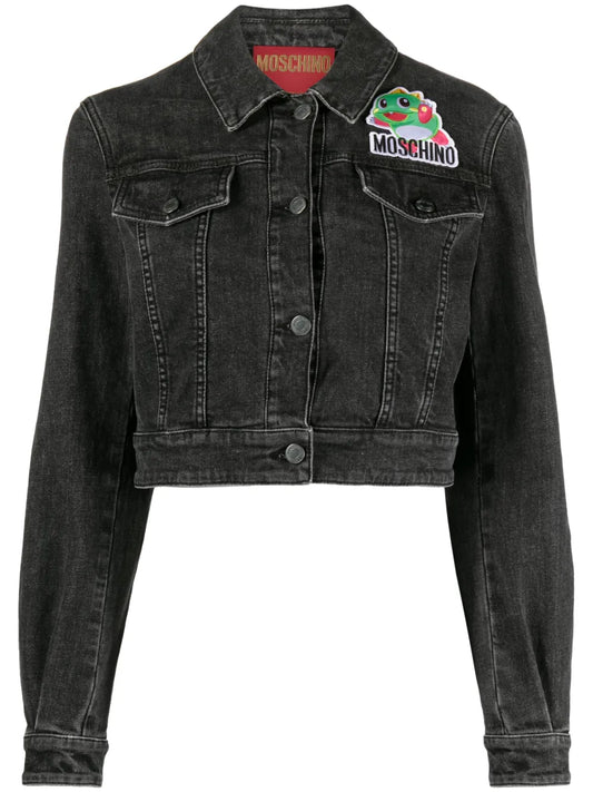 Cartoon-Appliqué Cropped Denim Jacket