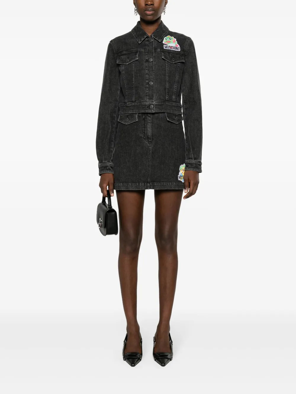 Cartoon-Appliqué Cropped Denim Jacket