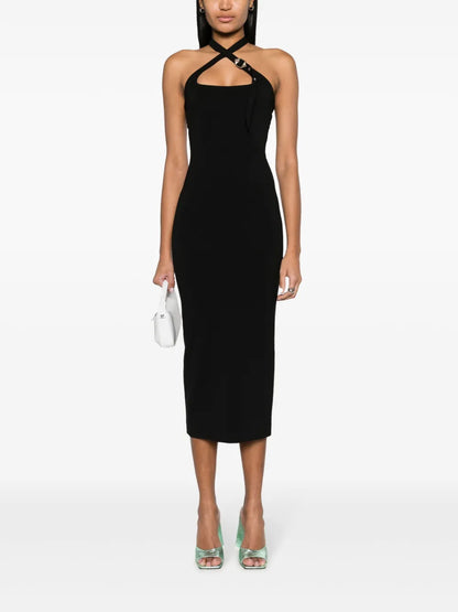 Decorative-Buckle Halterneck Dress