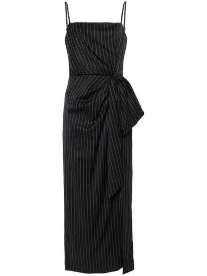 Pinstripe Knotted-Waist Midi Dress