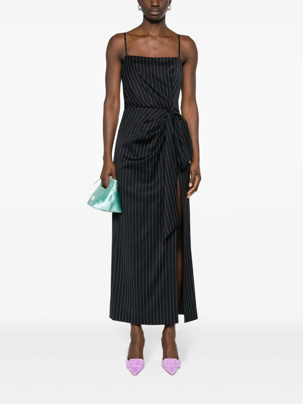 Pinstripe Knotted-Waist Midi Dress