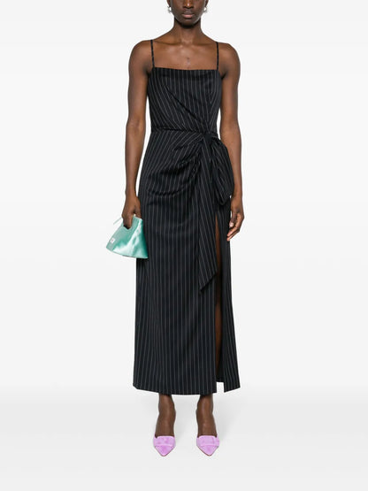 Pinstripe Knotted-Waist Midi Dress