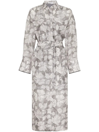 Leaf-Print Belted Midi Dress