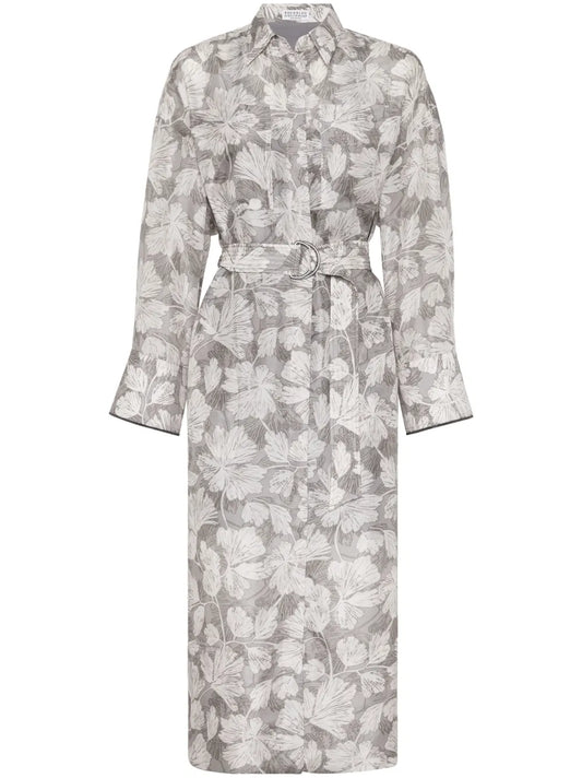 Leaf-Print Belted Midi Dress