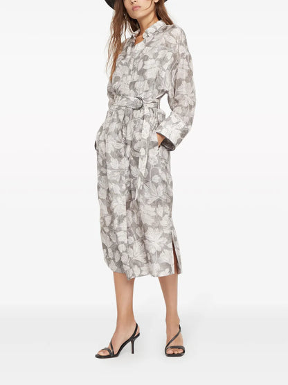 Leaf-Print Belted Midi Dress