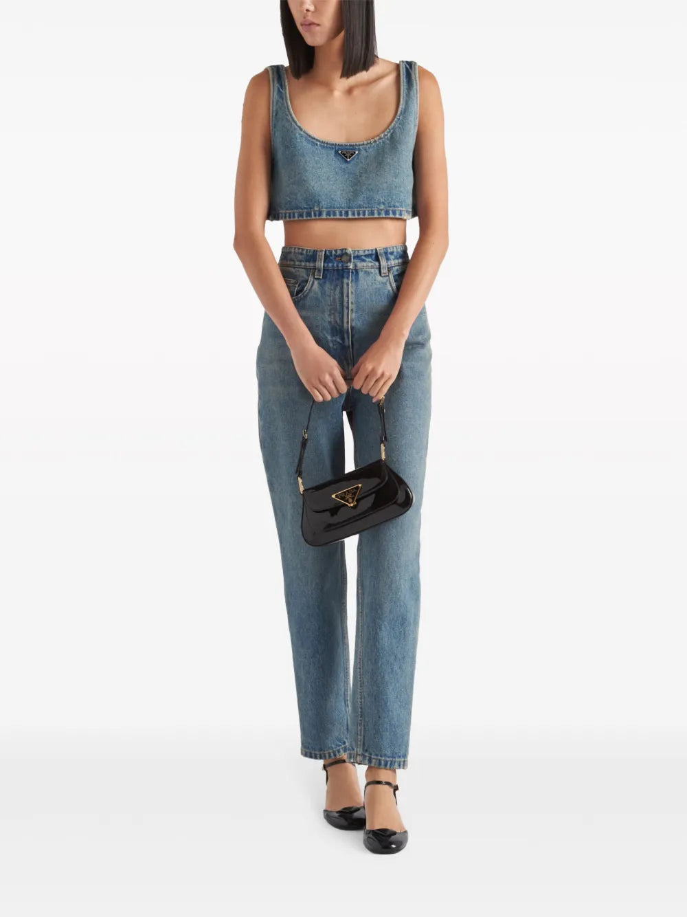 Triangle-Logo Denim Crop Top