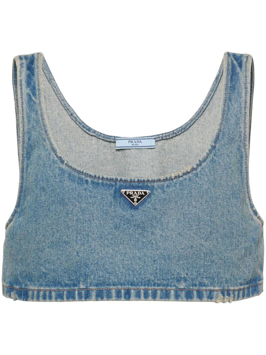 Triangle-Logo Denim Crop Top