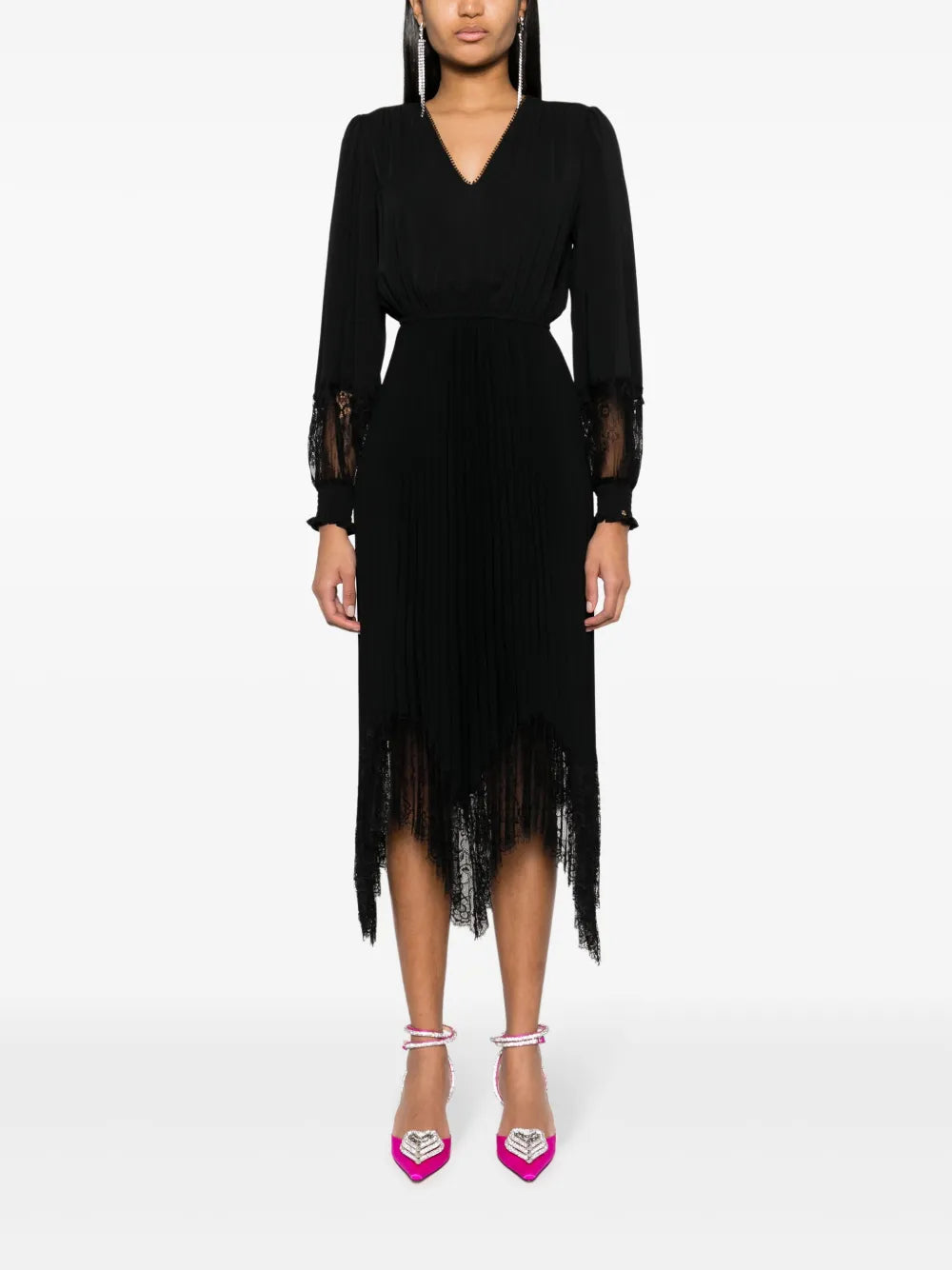 Lace-Trim Pleated Midi Dress