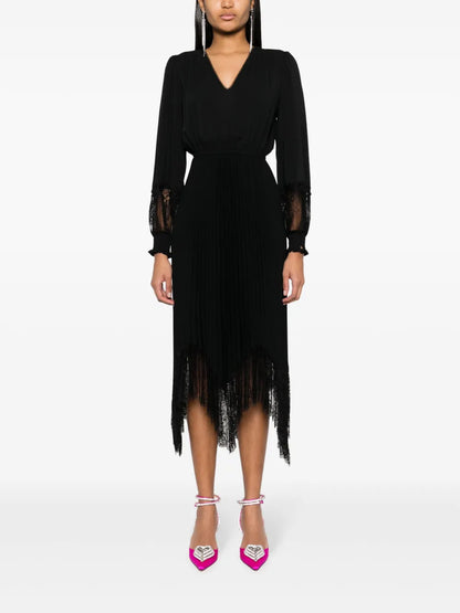 Lace-Trim Pleated Midi Dress