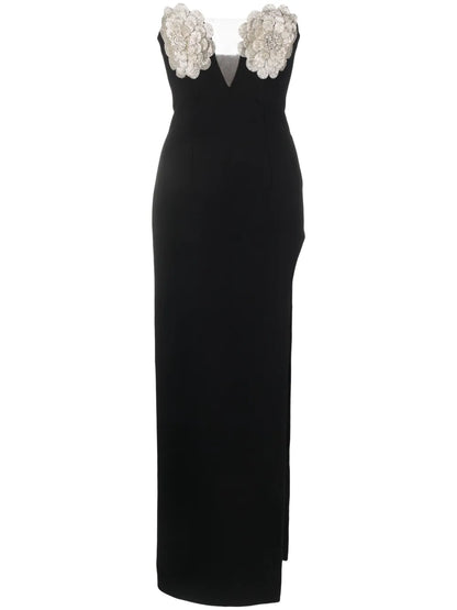 Floral-Appliqué Crystal-Embellished Maxi Dress