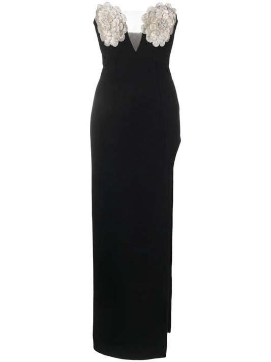 Floral-Appliqué Crystal-Embellished Maxi Dress