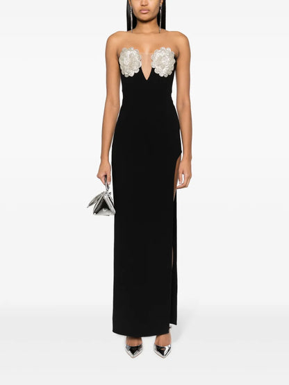 Floral-Appliqué Crystal-Embellished Maxi Dress