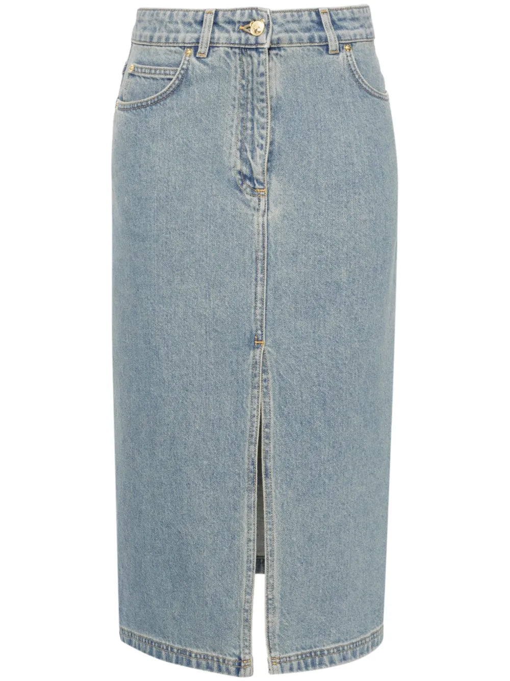 Teddy Bear-Button Denim Midi Skirt