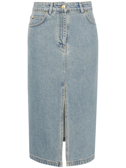 Teddy Bear-Button Denim Midi Skirt