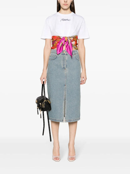 Teddy Bear-Button Denim Midi Skirt