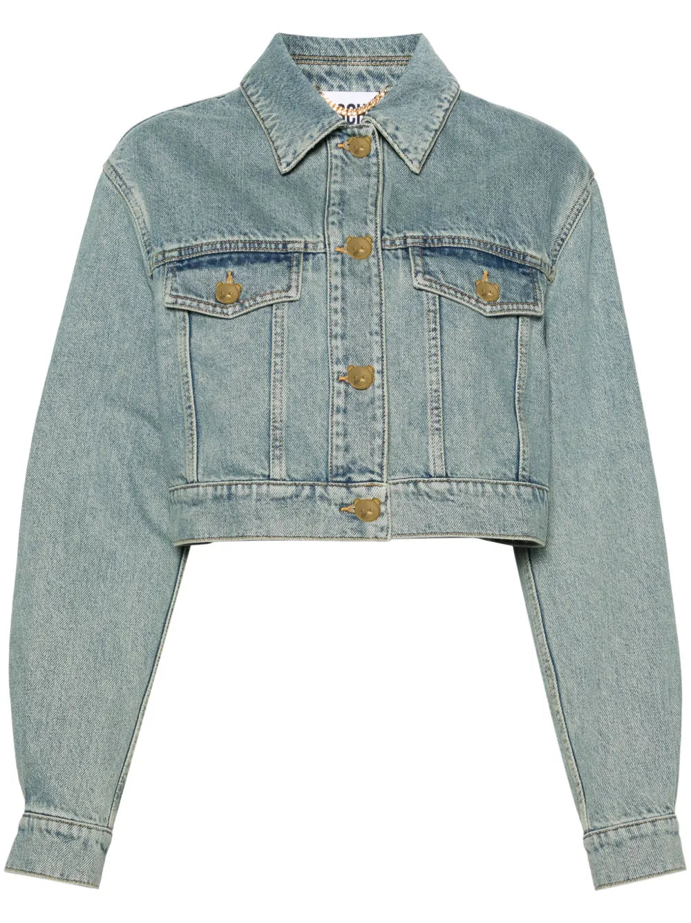 Teddy Bear-Buttons Cropped Denim Jacket