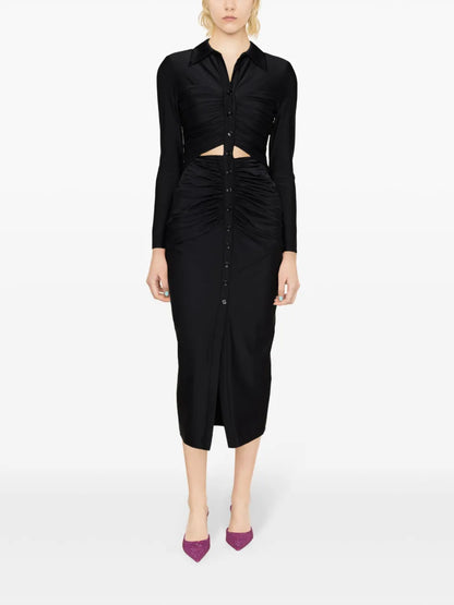 Ruched Spread-Collar Midi Dress