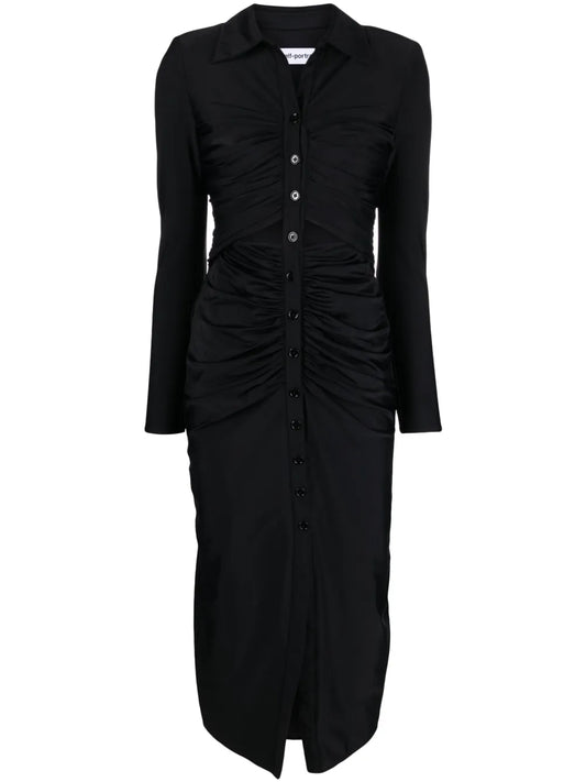 Ruched Spread-Collar Midi Dress