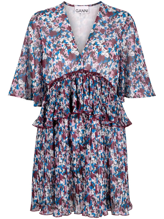 Pleated Floral-Print Minidress