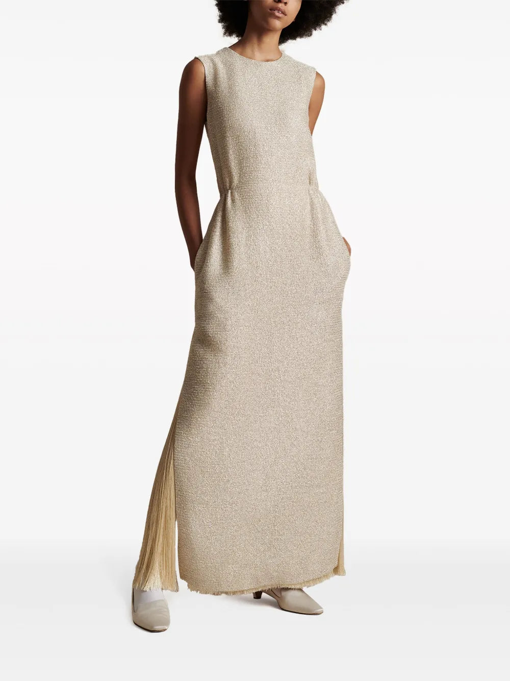 Fringed Metallic Tweed Maxi Dress