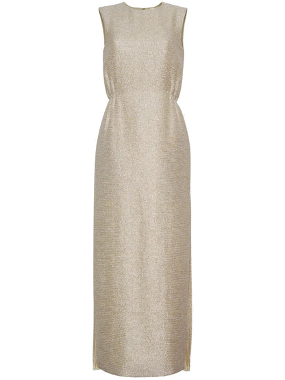 Fringed Metallic Tweed Maxi Dress