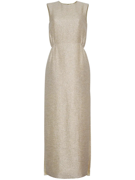 Fringed Metallic Tweed Maxi Dress