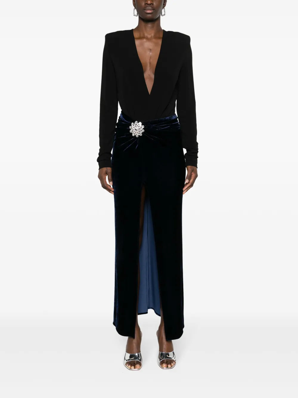 Crystal-Brooch Velvet Midi Skirt