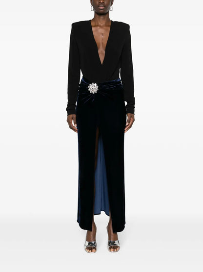 Crystal-Brooch Velvet Midi Skirt