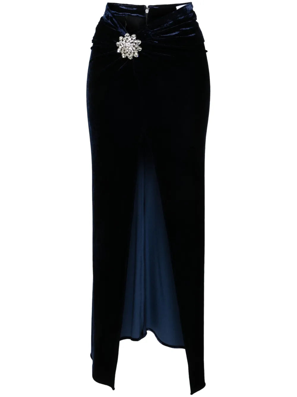 Crystal-Brooch Velvet Midi Skirt