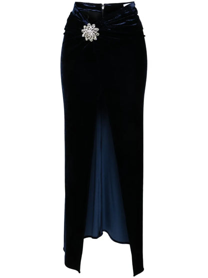Crystal-Brooch Velvet Midi Skirt