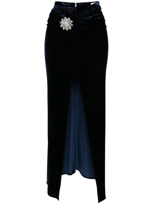 Crystal-Brooch Velvet Midi Skirt