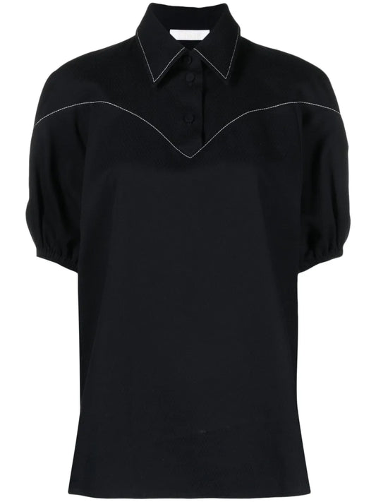 Contrast-Stitching Cotton Blouse