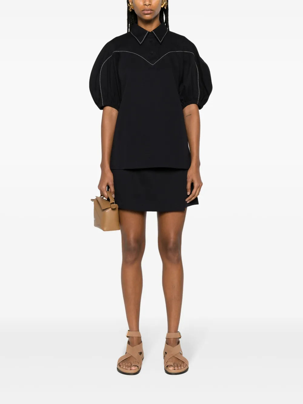 Contrast-Stitching Cotton Blouse