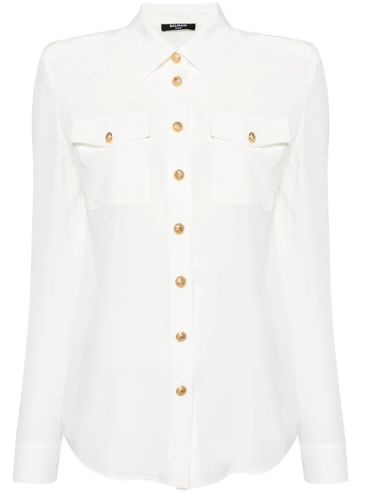 Embossed-Buttons Silk Shirt