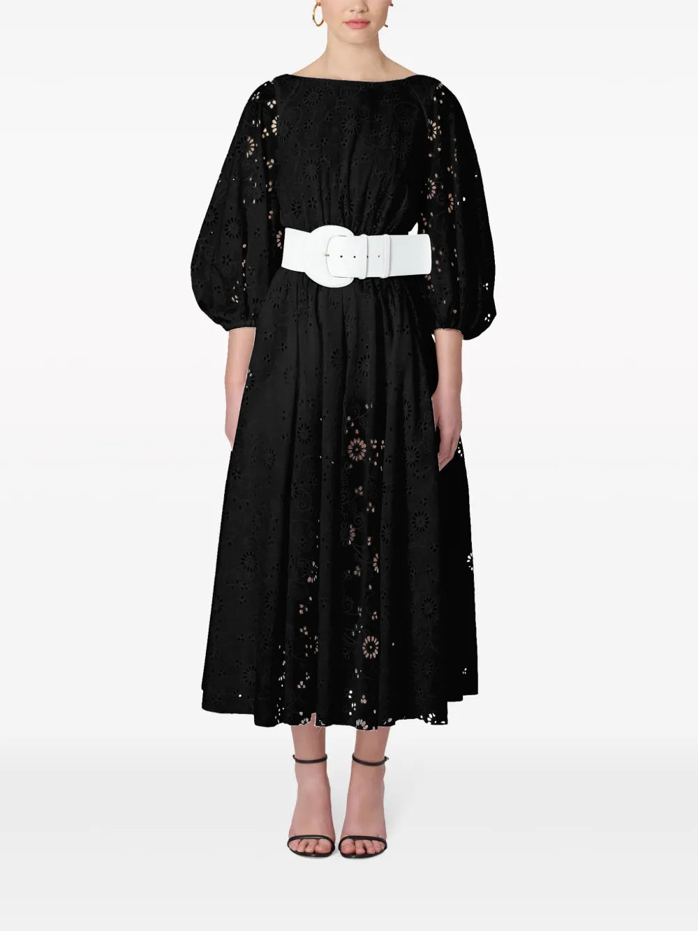 Eyelet Puff-Sleeve Midi Dress