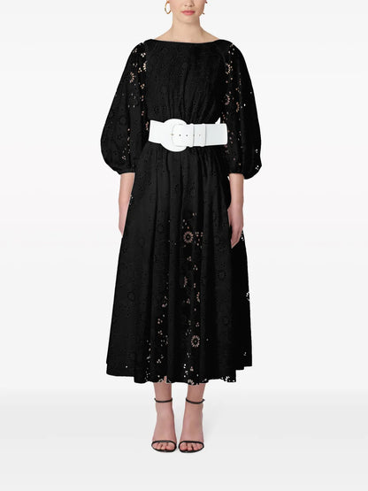Eyelet Puff-Sleeve Midi Dress
