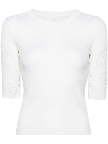 Lace-Panelled Ribbed-Knit T-Shirt