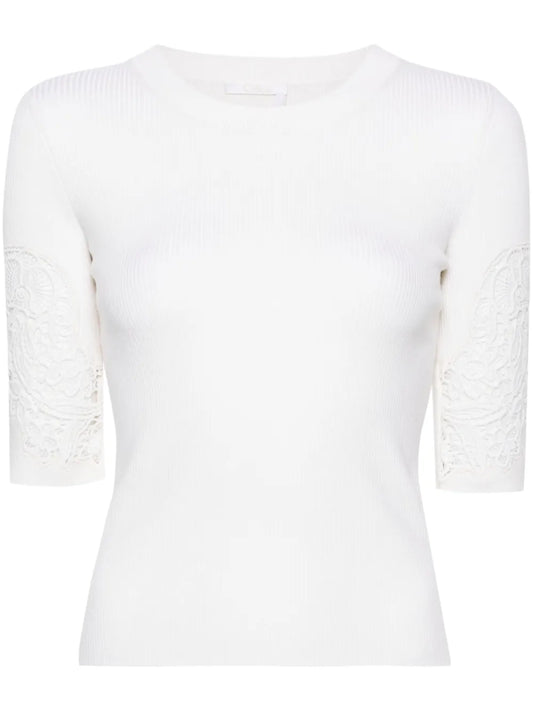 Lace-Panelled Ribbed-Knit T-Shirt