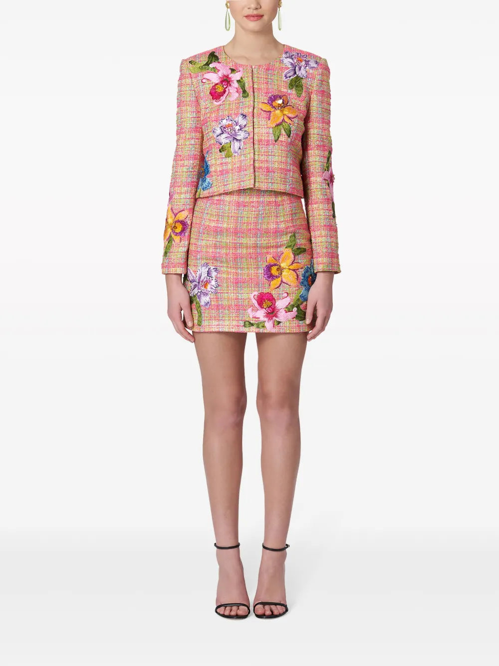 Floral-Embroidered Tweed Miniskirt