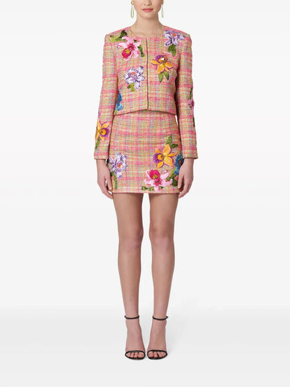 Floral-Embroidered Tweed Miniskirt